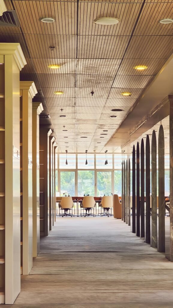 Sleek corridor interior design with natural light in a modern office in Ankara.