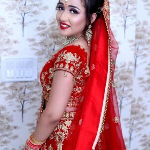 Beautiful South Asian bride in a traditional red saree with intricate gold embroidery.